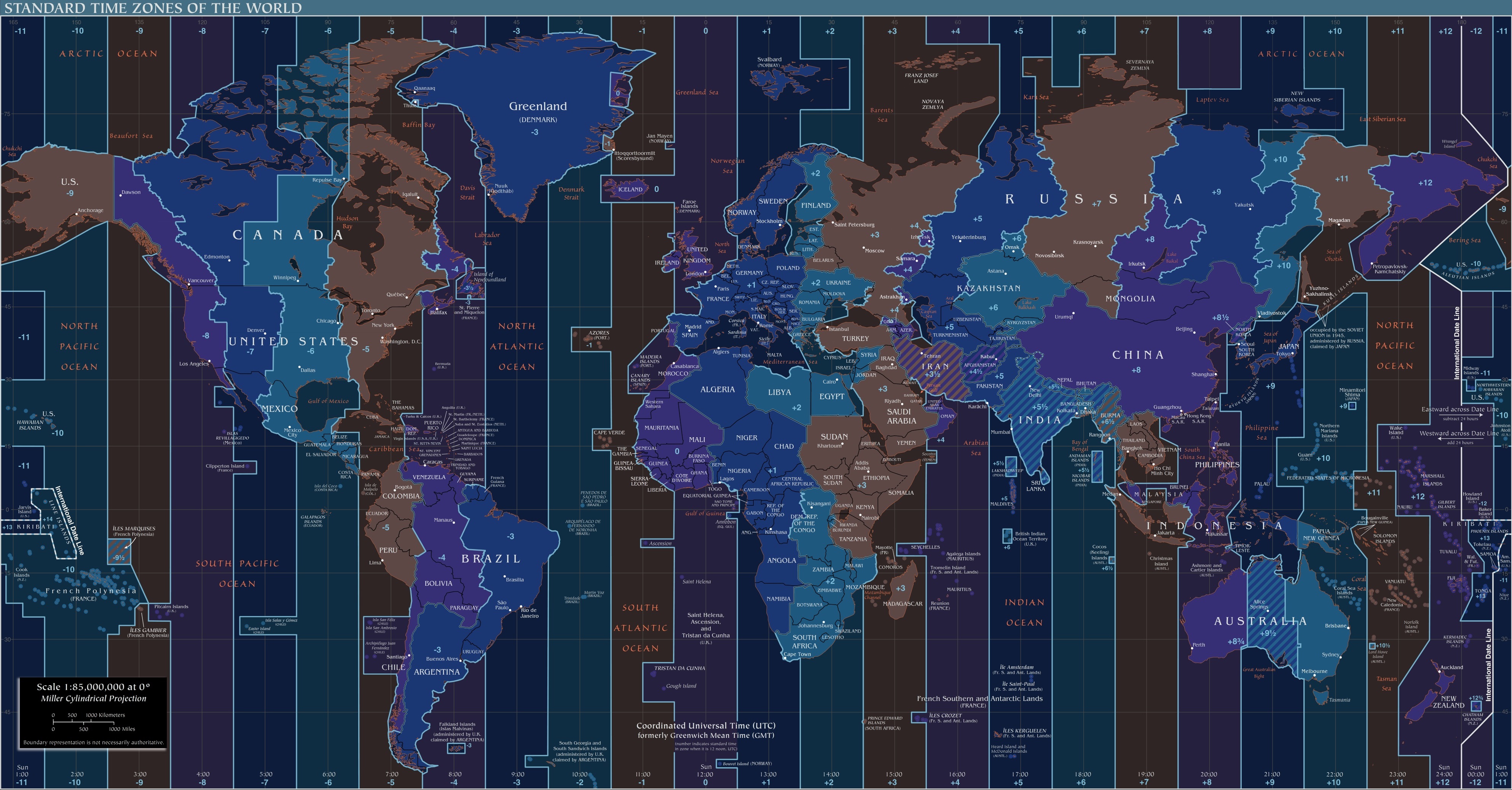 Разница во времени в странах. Часовые пояса земли на карте.
